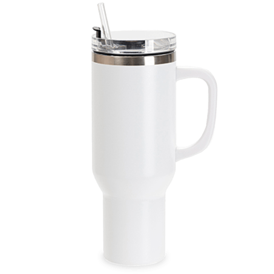 White 40 oz Tumbler with Side Handle.